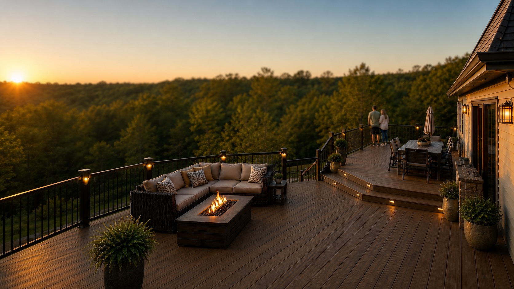 Wide backyard deck with fire table, railing, and wooded Ottawa-area view at golden hour